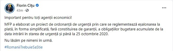 Cîțu: Lucrăm la un nou mecanism de eșalonare la plată, în formă simplificată, pe 12 luni, pentru firmele care au amânat obligațiile fiscale în baza facilității care expiră pe 25 octombrie