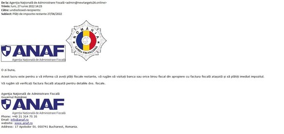 FOTO ANAF avertizează că sunt transmise e-mailuri false în numele instituției