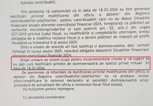 FOTO Scuze de la ANAF pentru notificări eronate privind mutarea a aproape 2.000 de firme de la micro la impozit pe profit