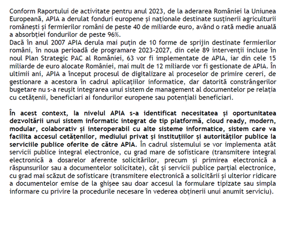 DOCUMENT - APIA vrea un sistem IT pentru un portal destinat sprijinirii fermierilor. Bugetul depășește 70 milioane lei