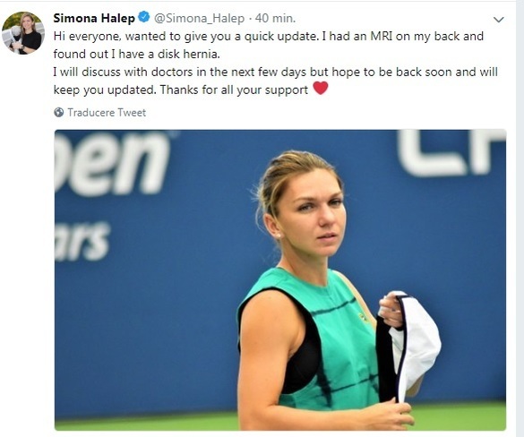 Simona Halep a anunțat că are hernie de disc