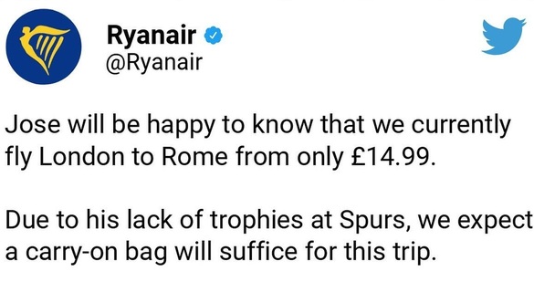 FOTO Ryanair, ironie la adresa lui Jose Mourinho, după ce portughezul a fost anunțat la AS Roma