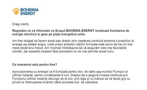 Șoc în Cehia - Bohemia Energy, cel mai mare grup furnizor de energie alternativă, cu aproape 1 milion de clienți, se oprește din cauza creșterii prețurilor
