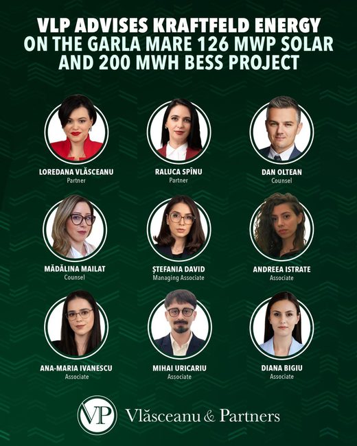 Vlăsceanu & Partners asistă Kraftfeld Energy în proiectul Gârla Mare de 126 MWp solar și 200 MWh BESS