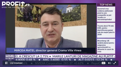 PROFIT NEWS TV Record pentru industria vinicolă în 2021. Producția totală a depășit 1 milion de tone la nivel național. Mircea Matei, Director General Villa Vinèa: În ultimii doi ani a existat un tot mai mare interes pentru vinurile românești