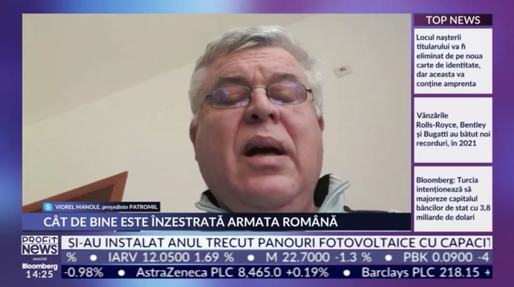 PROFIT NEWS TV Viorel Manole, Președinte PATROMIL: Nu are sens să ne ascundem. La tehnică militară stau mai bine decât noi bulgarii, sârbii, care au și armate mai mici, și o cultură industrială net inferioară. Undeva am greșit!