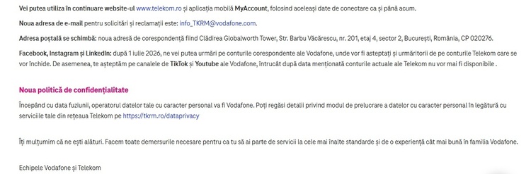 FOTO Vodafone și Telekom, mesaj în România către clienți după finalizarea fuziunii. Ce se întâmplă cu facturile și contractul actual
