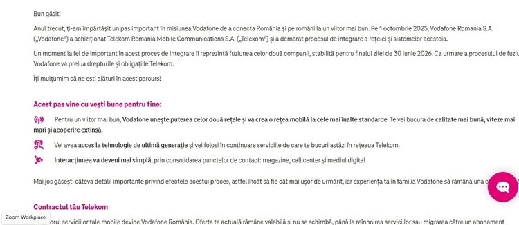 FOTO Vodafone și Telekom, mesaj în România către clienți după finalizarea fuziunii. Ce se întâmplă cu facturile și contractul actual