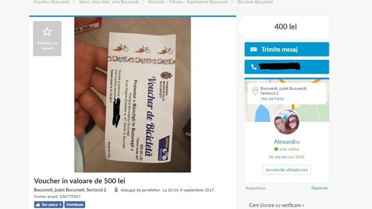 Vouchere de 500 de lei date de Primăria Capitalei pentru achiziţionarea de biciclete, vândute pe OLX