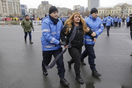 Îmbrânceli între jandarmi şi protestatarii din Piaţa Victoriei: câţiva manifestanţi au fost ridicaţi de forţele de ordine - FOTO, VIDEO