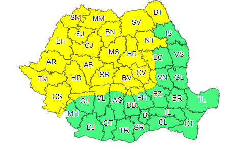Cod galben de ploi torenţiale, vijelii şi grindină, duminică, în Maramureş, Crişana, Banat, Transilvania şi nordul Moldovei