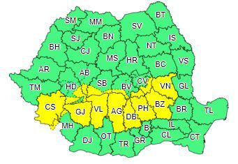 Cod galben de ninsori abundente, vânt puternic şi viscol, în Carpaţii Meridionali şi de Curbură; ploi însemnate cantitativ în sudul Banatului, nordul Olteniei şi al Munteniei, sud-estul Moldovei