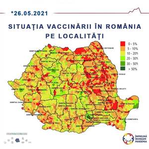 O comună din judeţul Timiş are cea mai mare acoperire vaccinală din ţară, respectiv 44,26% / În top 10 localităţi cu cea mai mare rată de vaccinare sunt câte două localităţi din judeţele Ilfov, Cluj şi Timiş / Municipiul Cluj - 40.63%