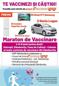 Maraton de vaccinare cu premii constând în autoturisme, televizoare smart sau frigidere, în Dâmboviţa. Tombola este asigurată de o mare companie privată din judeţ