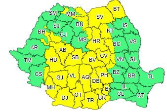Cod galben de ploi torenţiale, descărcări electrice, vijelii şi grindină, în Bucureşti şi 28 de judeţe, până vineri seară