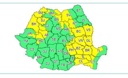 Cod galben de instabilitate atmosferică, până la ora 23.00, în zona Carpaţilor Orientali şi a Munţilor Apuseni şi local în Moldova, Dobrogea, Muntenia, Crişana, Maramureş şi în nord-vestul Transilvaniei

