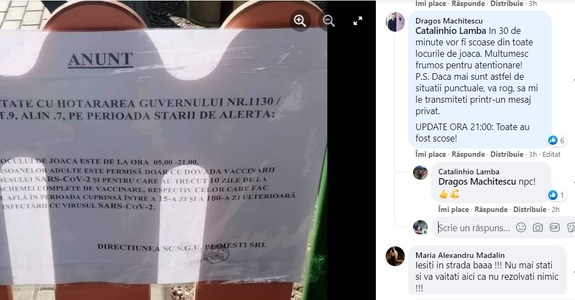 Autorităţile din Ploieşti au amplasat anunţuri prin care interzic accesul adulţilor fără certificat verde COVID în locurile de joacă. Un consilier local se laudă pe Facebook că le-a "scos". Cum explică politicianul gestul