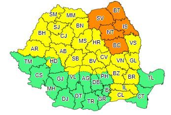 Cod portocaliu de ploi abundente, până vineri dimineaţă, în judeţele Suceava, Botoşani, Iaşi, Neamţ şi Bacău/ Zona vizată de Codul galben de ploi şi instabilitate atmosferică a fost restrânsă