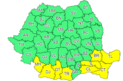 Cod galben de vânt puternic, ploi torenţiale şi descărcări electrice, în nouă judeţe din sudul Olteniei, Muntenia şi Dobrogea