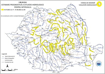 Avertisment al hidrologilor: Râuri din 11 bazine hidrografice, sub atenţionare de cod galben, până marţi dimineaţă