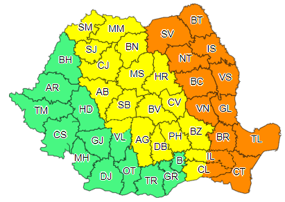 UPDATE - Cod galben de ploi, în Maramureş, Transilvania, Moldova, Dobrogea, în cea mai mare parte a Munteniei şi local la munte/ Cod portocaliu de vijelii şi grindină, în Moldova, Dobrogea şi estul Munteniei/ Care este prognoza pentru Bucureşti