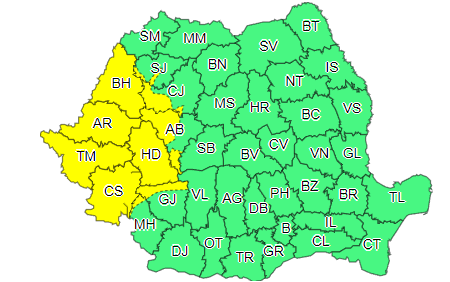 Cod galben privind intensificări ale vântului, în Banat, Crişana şi în sud-vestul Transilvaniei, precum şi la altitudini mari în Carpaţii Occidentali şi în vestul Carpaţilor Meridionali