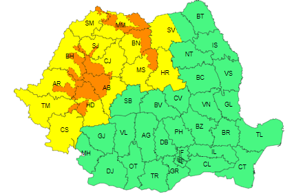 Cod galben de ploi, Banat, Crişana, Maramureş, vestul şi nordul Transilvaniei/ Cod portocaliu de precipitaţii abundente, în Carpaţii Occidentali şi nordul Carpaţilor Orientali