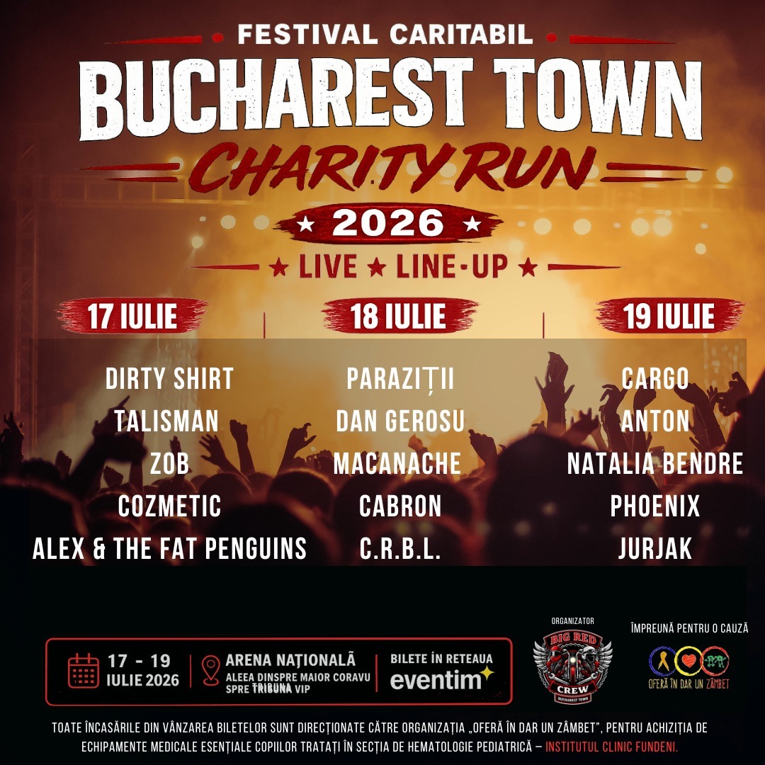 Bucharest Town Charity Run 2026, la Arena Naţională, în perioada 17-19 iulie. Festivalul oferă sprijin pentru copiii din secţia de hematologie pediatrică a Institutului Clinic Fundeni
