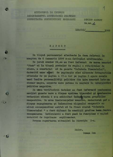 CNSAS publică documentul care arată că, în ianuarie 1989, din greşeală, ziarul ”Scânteia Tineretului” a postat fotografia lui Nicolae Ceauşescu într-un chenar negru – ”mort şi îngropat” / Intervenţie în miez de noapte a Securităţii