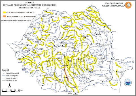 ministerul Mediului: Avertizare hidrologică extinsă/ Risc de inundaţii în 37 de judeţe, ca urmare a precipitaţiilor prognozate şi a propagării acestora/ Cod portocaliu pentru râuri din judeţele Argeş şi Olt - HARTA