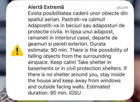 Nou mesaj RO-Alert emis pentru nordul judeţului Tulcea: Există posibilitatea căderii unor obiecte din spaţiul aerian