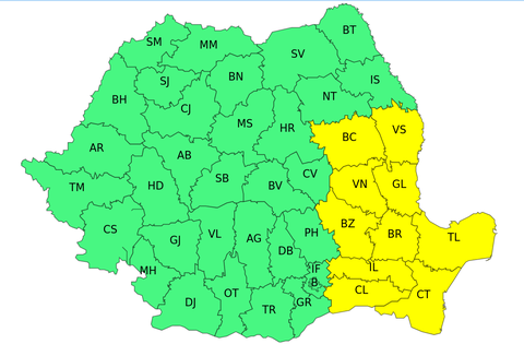 ANM: Intensificări de vânt până miercuri, în sudul Moldovei, Dobrogea şi Muntenia/ În Carpaţii de Curbură, rafale de până la 75 de km/h/ Zece judeţe, sub atenţionare Cod galben de vânt