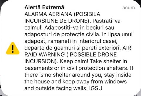 Mesaj RO-Alert privind posibila incursiune a unor drone, pentru nordul judeţului Tulcea
