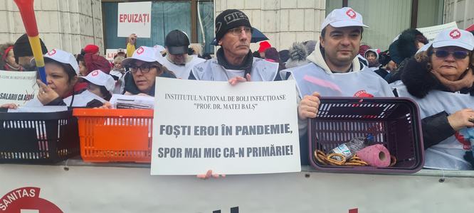Protest al angajaţilor din sănătate şi asistenţă socială la Ministerul Finanţelor / Se scandează ”grevă generală” / ”Foşti eroi în pandemie, spor mai mic ca-n primărie”, scrie pe pancarte – FOTO / VIDEO