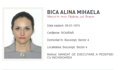 UPDATE - Alina Bica, condamnată definitiv la 4 ani de închisoare cu executare, a fost prinsă de poliţişti în Italia/ În aceeaşi zonă a fost prins şi Ioan Bene, condamnat la 6 ani şi 2 luni/ Cei doi vor fi prezentaţi unei instanţe 
