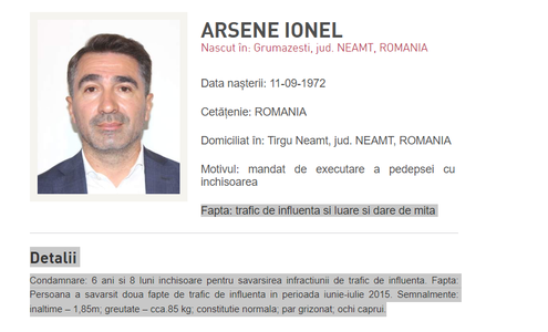 Fostul preşedinte al Consiliului Judeţean Neamţ Ionel Arsene, dat în urmărire după ce a fost condamnat la închisoare pentru trafic de influenţă, s-a predat în Italia - surse