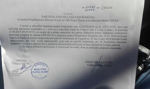 USR îl acuză pe primarul din Piatra Neamţ că cere licitaţie pentru amplasarea unui cort în care să strângă semnături pentru prezidenţiale