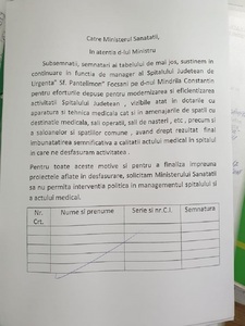Preşedintele PNL Vrancea îl acuză pe managerul Spitalului Judeţean Sfântul Pantelimon din Focşani că îşi pune subalternii să semneze o petiţie pentru a nu fi dat afară