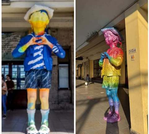 Ploieşti - Includerea unei statui a personajului lui Caragiale Domnul Goe într-un proiect de artă stradală provoacă nemulţumirea PSD, care cere îndepărtarea vopselei multicolore pe motiv că „un simbol naţional a fost pângărit” cu culorile curcubeului