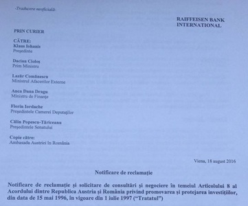 Raiffeisen a depus la toate instituţiile notificarea prin care ameninţă că dă statul român în judecată din cauza Legii dării în plată. Grupul invocă un acord încheiat acum 20 de ani de guvernul Văcăroiu cu Austria 