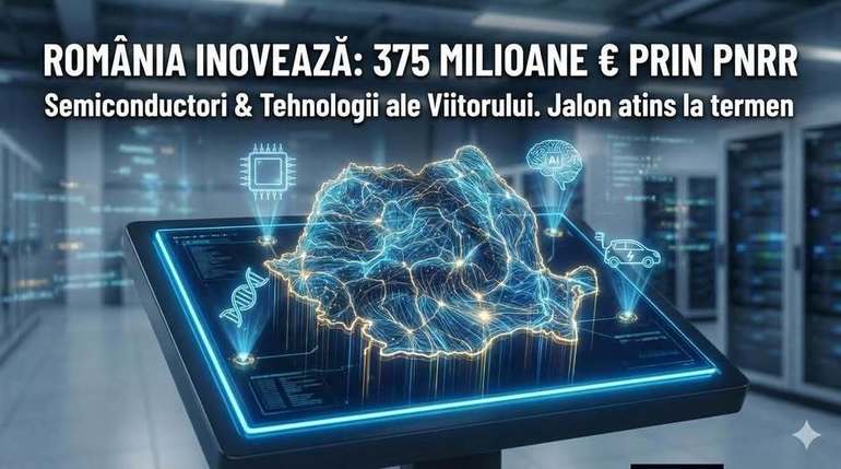 Ministrul Economiei prezentând grafic cu evoluția proiectelor inovare PNRR semiconductori și finanțarea PNRR de peste 375 milioane euro | sursa foto: News.ro