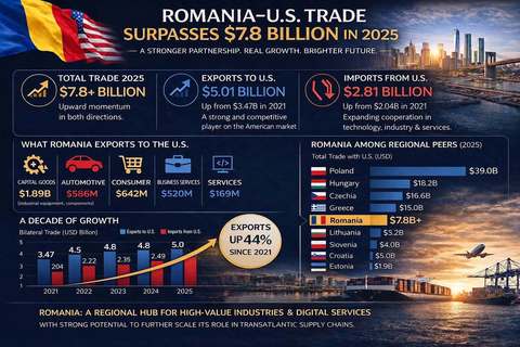 Schimburile comerciale dintre România şi SUA au depăşit 7,8 miliarde de dolari, în 2025/ România, înaintea unor state precum Bulgaria sau Croaţia, dar în urma Poloniei şi Ungariei