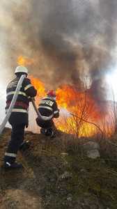 Tulcea: 20 de hectare de vegetaţia uscată, afectate de un incendiu. Pompierii intervin pentru ca flăcările să nu ajungă la casele din zonă. FOTO/ VIDEO