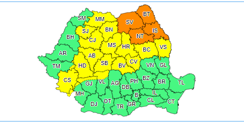 Avertizare cod galben de instabilitate atmosferică accentuată pentru Transilvania şi cea mai mare parte a Moldovei, valabilă de marţi, de la ora 14:00 / Cod portocaliu de instabilitate atmosferică în jumătatea nordică a Moldovei - HARTA