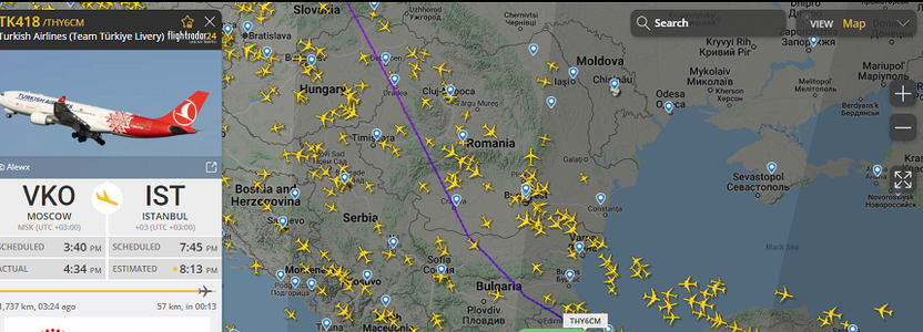 UPDATE - Avion al Turkish Airlines care venea de la Moscova cu destinaţia Istanbul, escortat în spaţiul aerian românesc din cauza unei ameninţări cu bombă la bordul aeronavei