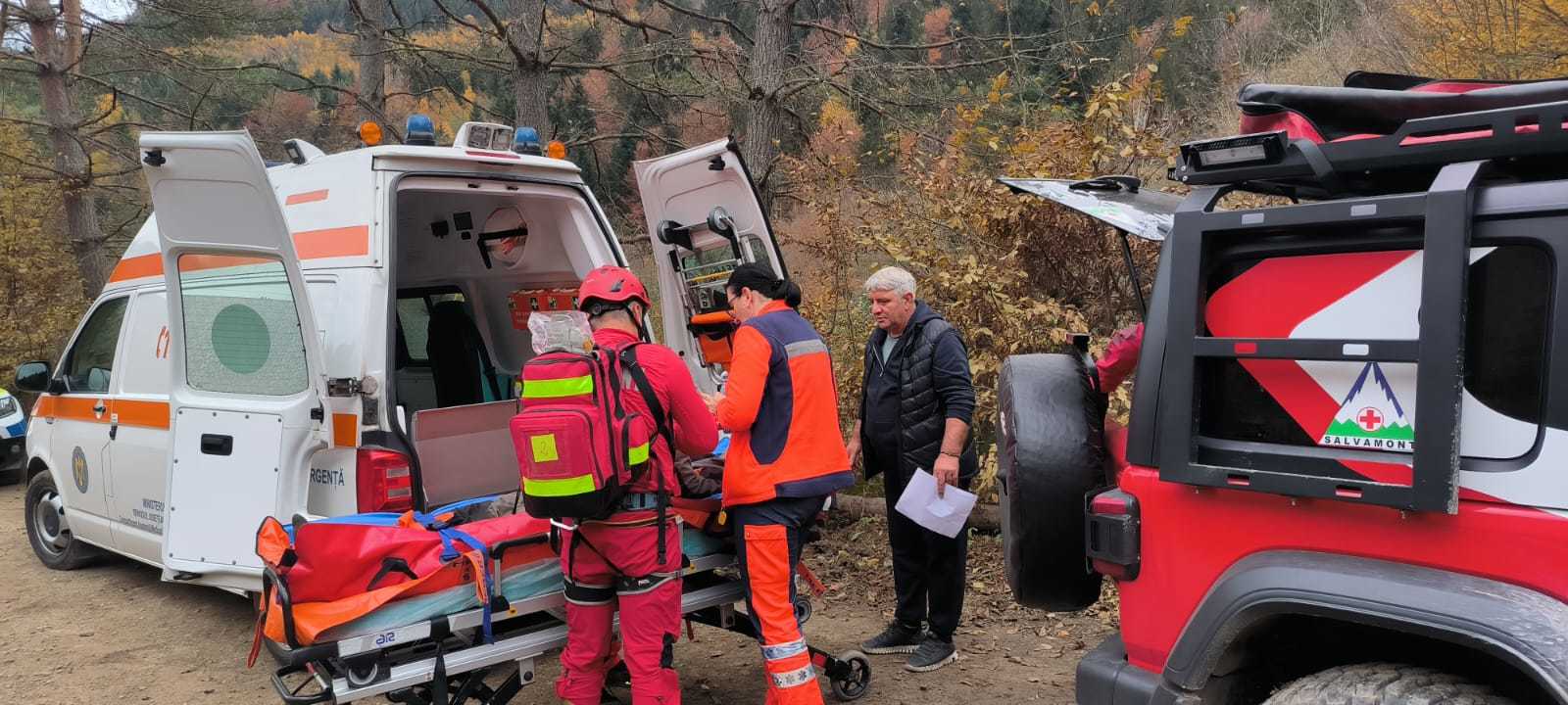 Acţiune de şase ore a salvatorilor montani din Neamţ, pentru a recupera şi transporta un bărbat lovit de un arbore / Victima a suferit multiple traumatisme