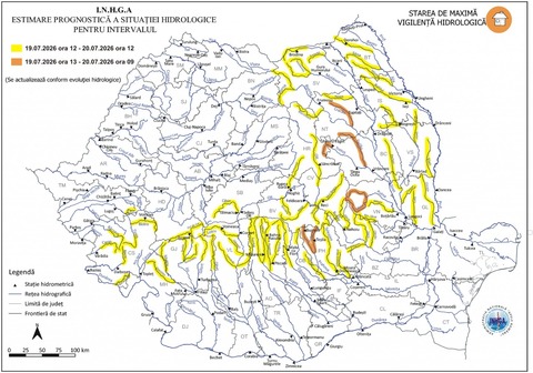 Avertizări cod portocaliu şi cod galben pentru cursuri de apă din mai multe judeţe, începând de duminică până luni dimineaţă