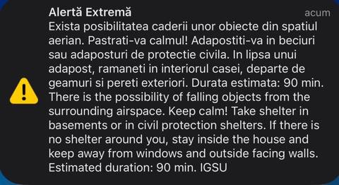 Nou mesaj RO-Aalert în Tulcea, populaţia fiind avertizată că ar putea cădea obiecte din spaţiul aerian