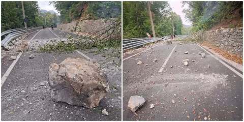 Circulaţia oprită pe DN 67D, Valea Cernei - Băile Herculane, din cauza unui incendiu de vegetaţie / Pe carosabil au ajuns pietre şi arbori desprinse de pe un versant cu o înălţime de aproximativ 30 de metri - FOTO / VIDEO