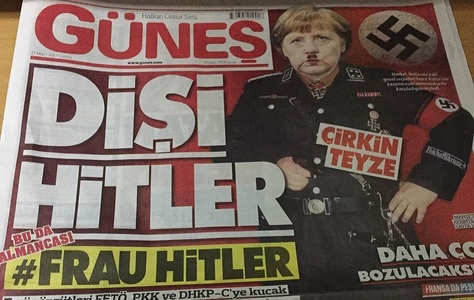 Un ziar turc proguvernamental publică pe prima pagină un montaj cu Merkel în chip de Hitler